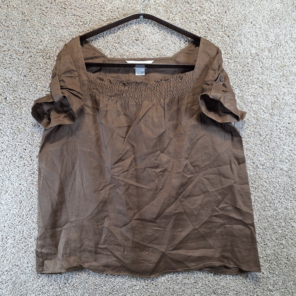 Allison Taylor Blouse Women L Brown 100% Linen Smocked Square Neck Casual Boho